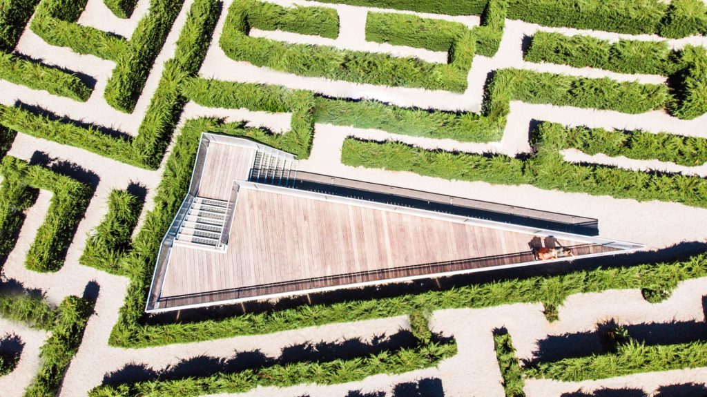 Zoomed in aerial drone image of the newest Hedge Maze and Viewing Platform at Enchanted Adventure