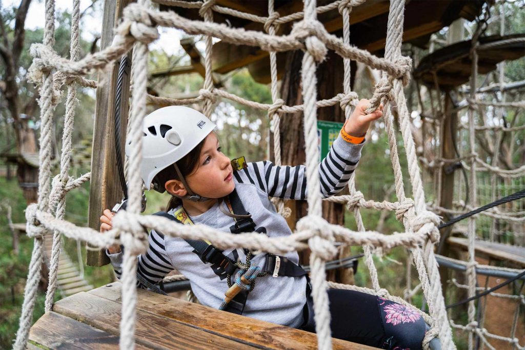 Girl in safety helmet climbing the Nippers Tree Surfing Course at Enchanted Adventure